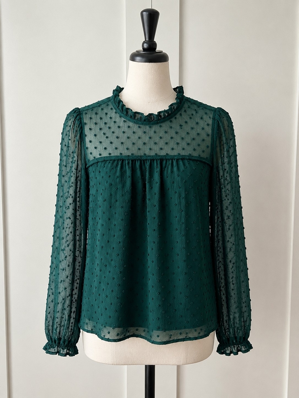 Monteau Los Angeles Sheer Emerald Swiss Dot Ruffled Neck Blouse